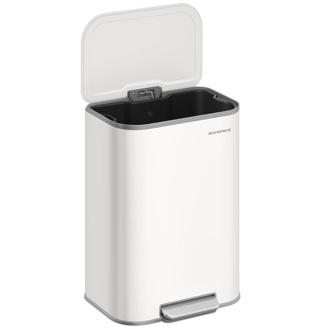 SONGMICS 13-gallon stainless steel trash can with soft-close lid for quiet operation.