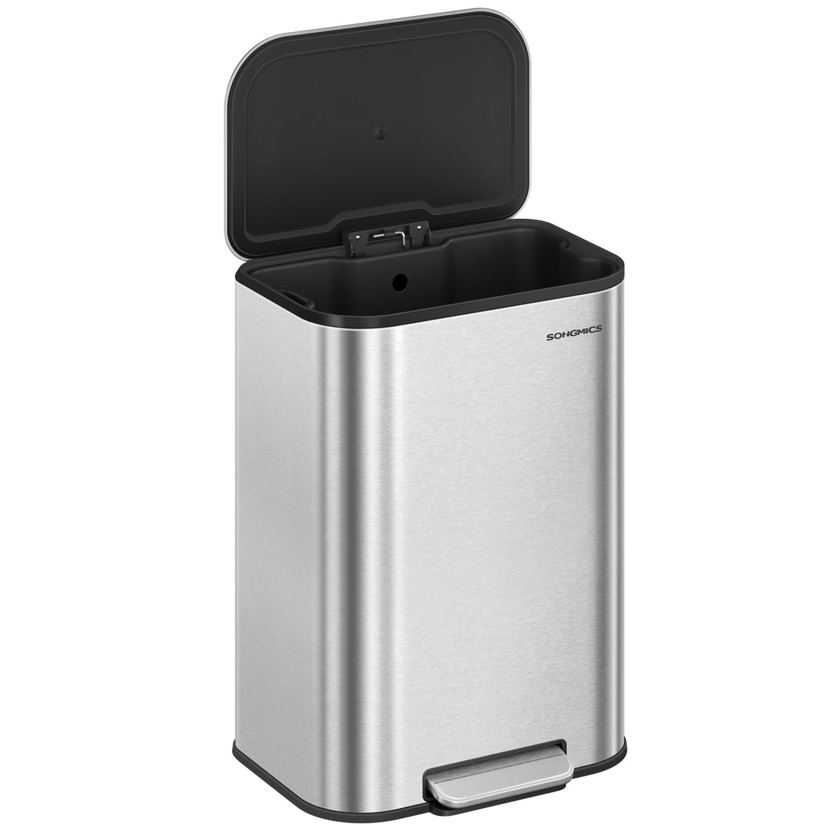 SONGMICS 13-gallon kitchen trash can with lid in stainless steel for a tidy kitchen.
