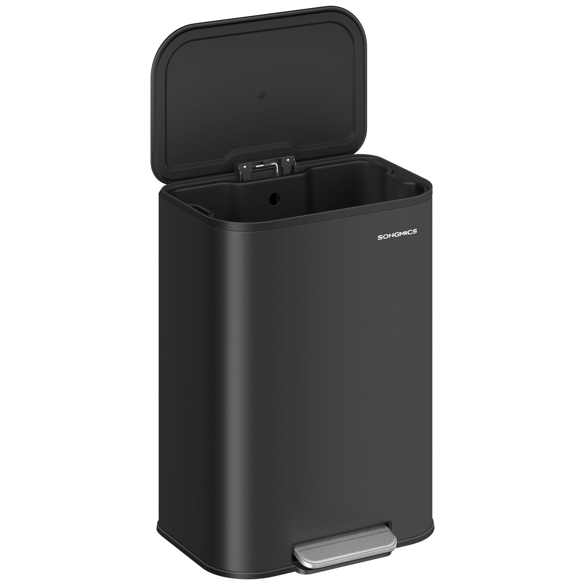 SONGMICS ink black 13-gallon trash can with lid for quiet operation.
