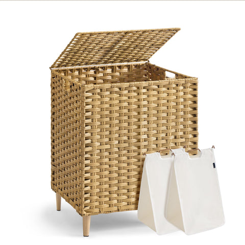 Songmics 2-section laundry hamper with lid in goose yellow for easy light/dark sorting.