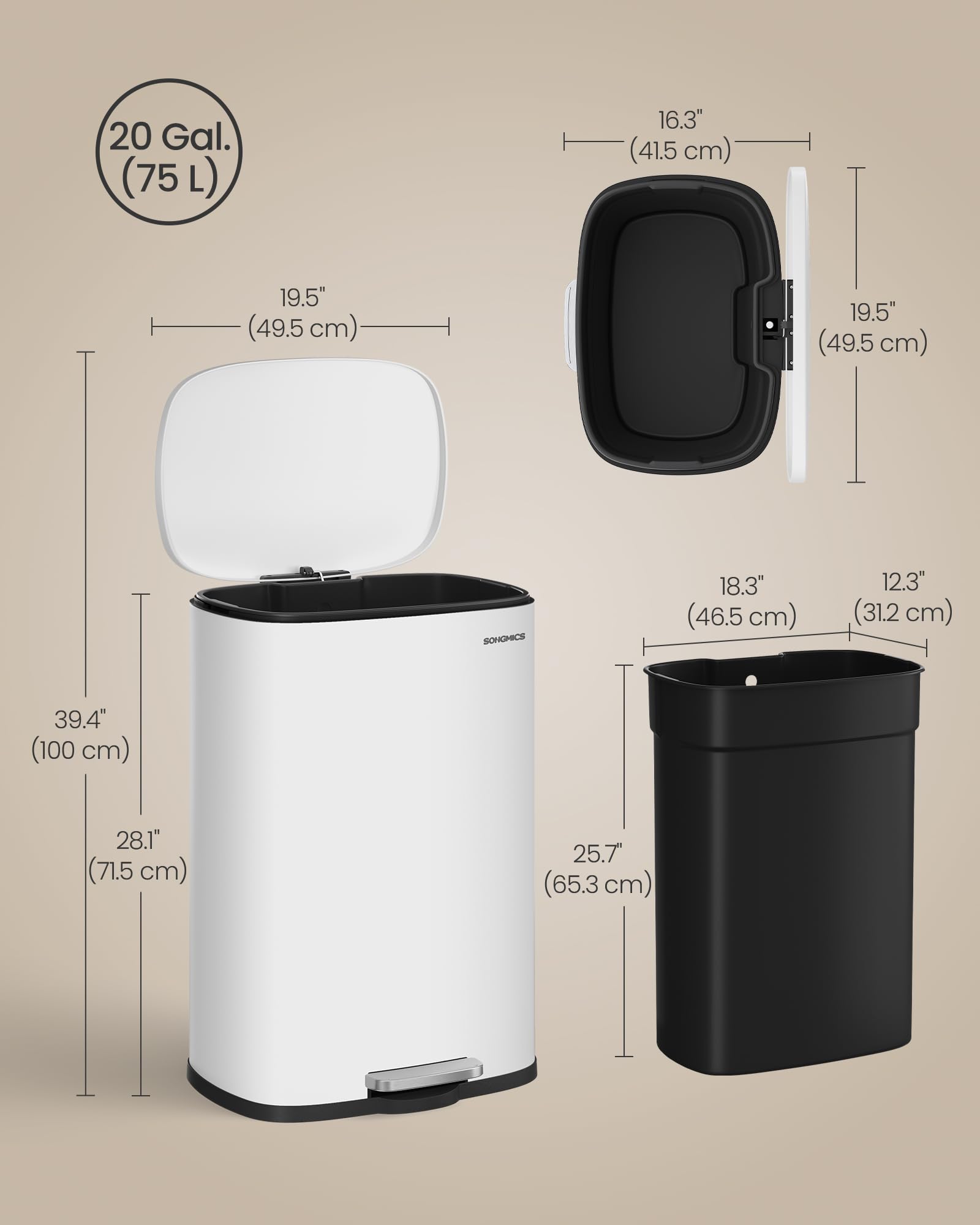 SONGMICS 20-gallon trash can rear handle for easy movement