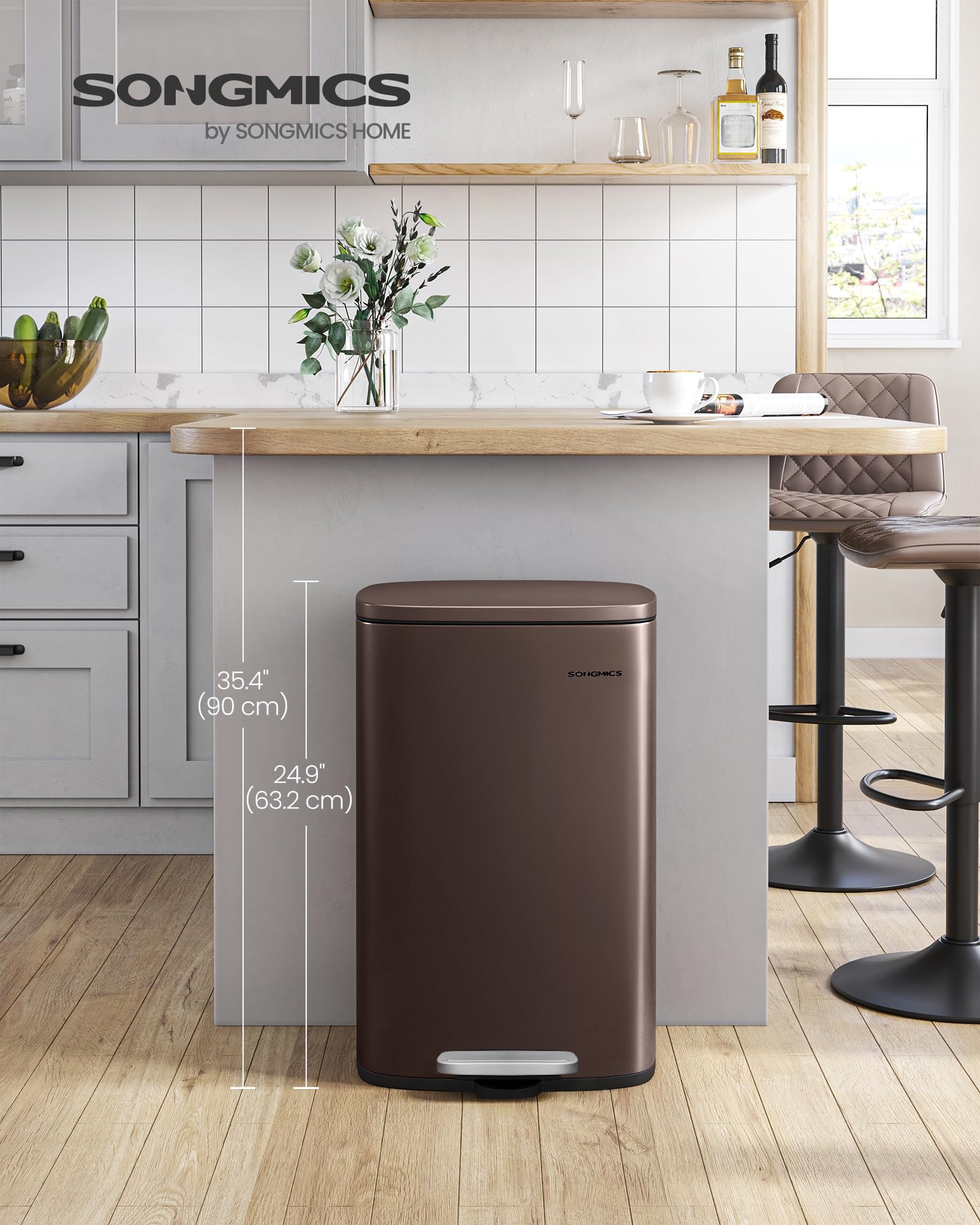 SongMics 20-gallon trash can stainless steel detail highlighting rust resistance and clean surface