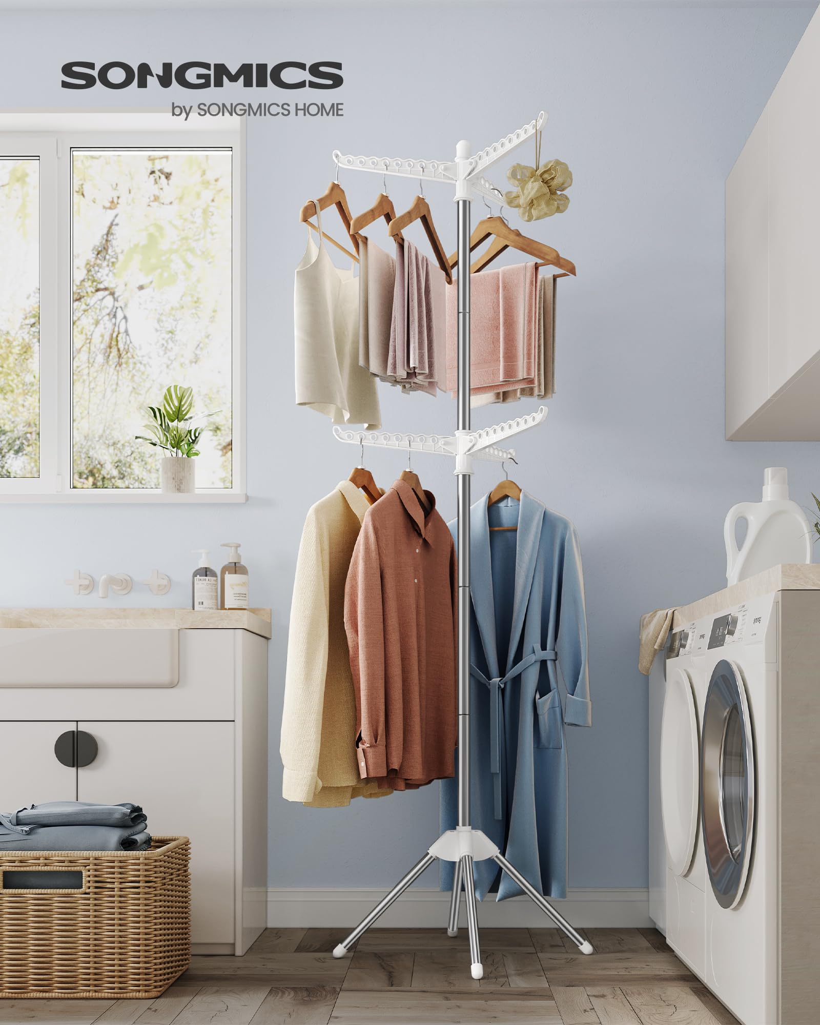 SONGMICS 2-tier rack with 360-degree rotatable arms for easy loading.