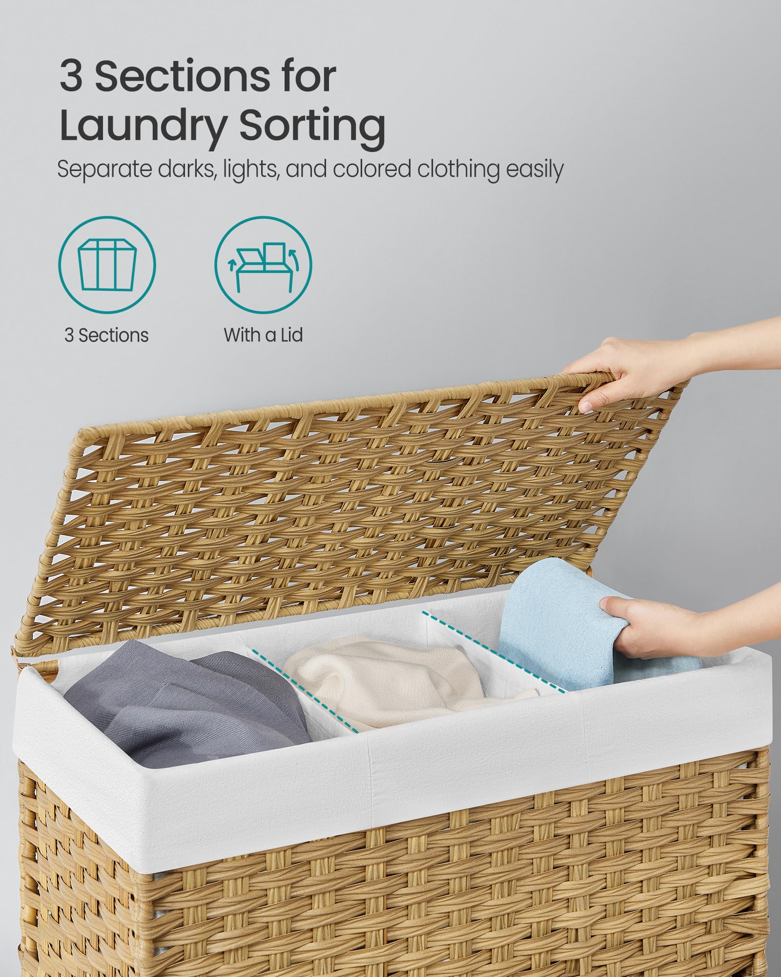Songmics 3-section laundry basket displaying darks, lights, and colors compartments.