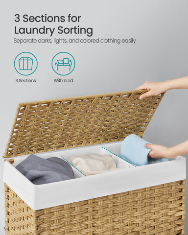 Songmics 3-section laundry basket displaying darks, lights, and colors compartments.