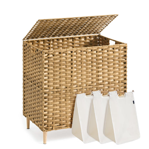 SONGMICS 3-section laundry hamper with lid in goose yellow keeps clothes organized.