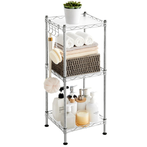 SONGMICS 3-tier bathroom shelf extendable design for compact storage.