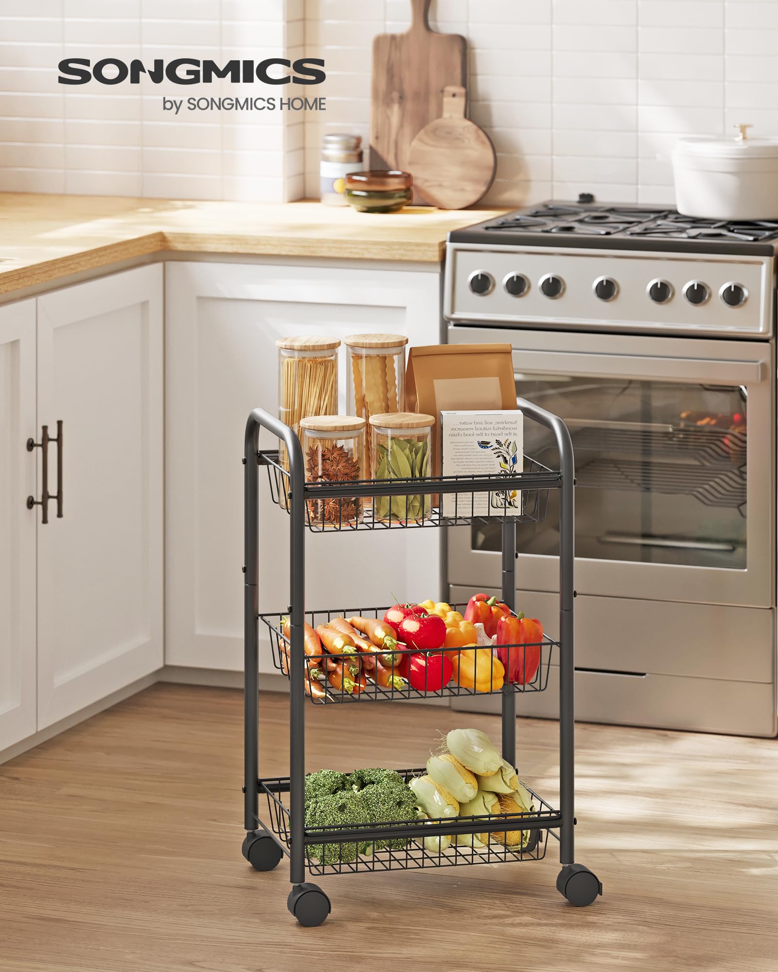 SONGMICS 3-Tier Cart with Wheels and Handle enables smooth mobility and flexible placement.