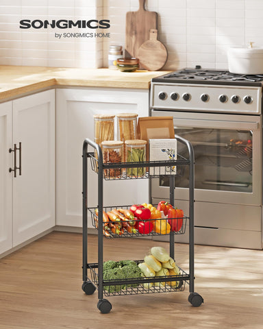 SONGMICS 3-Tier Cart with Wheels and Handle enables smooth mobility and flexible placement.