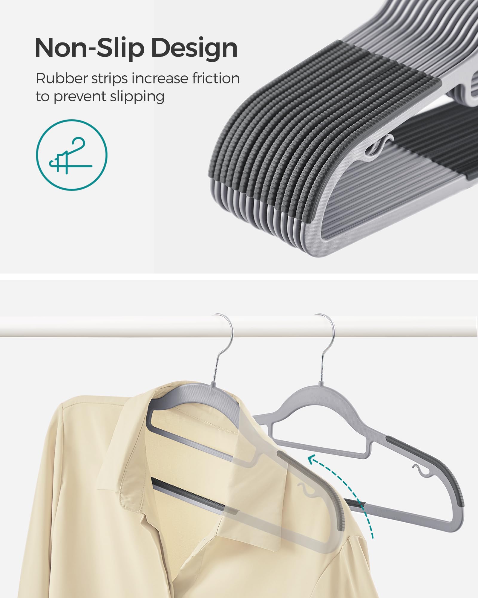 SONGMICS 360° swivel hooks ease hanging and retrieval.