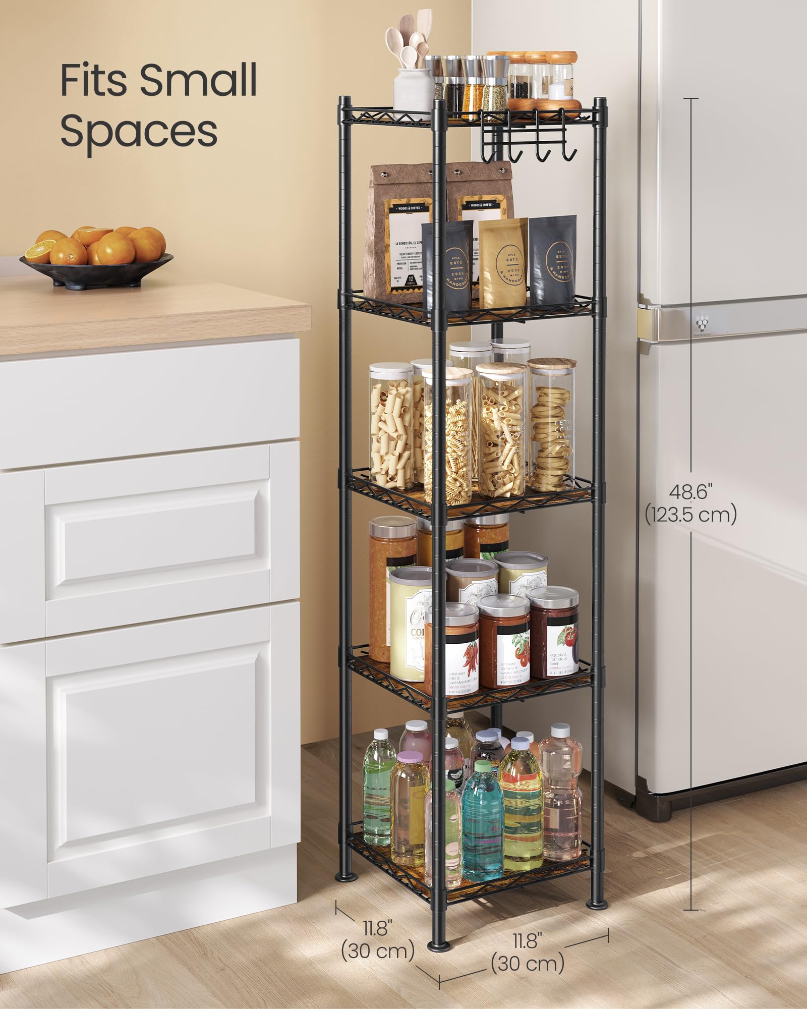 SONGMICS adjustable shelves illustrate flexible spacing for tall bottles.