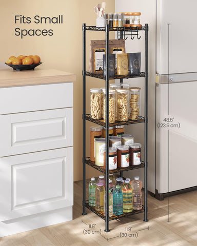 SONGMICS adjustable shelves illustrate flexible spacing for tall bottles.
