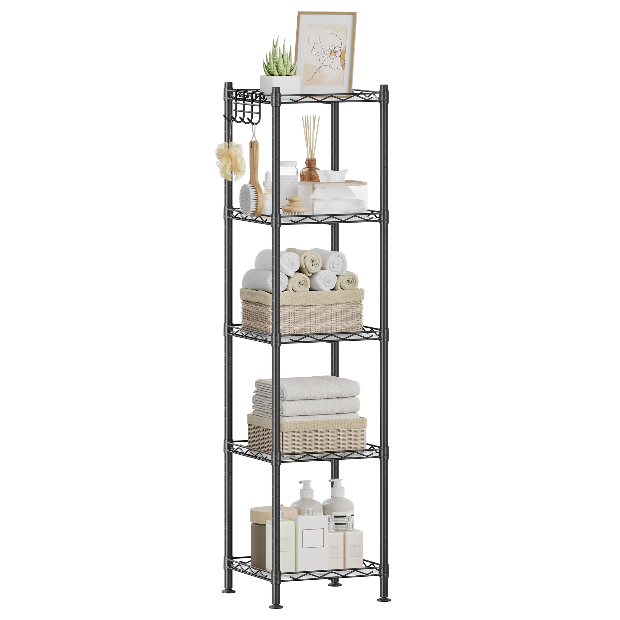 SONGMICS 5-tier bathroom shelf demonstrates compact design for small bathrooms.