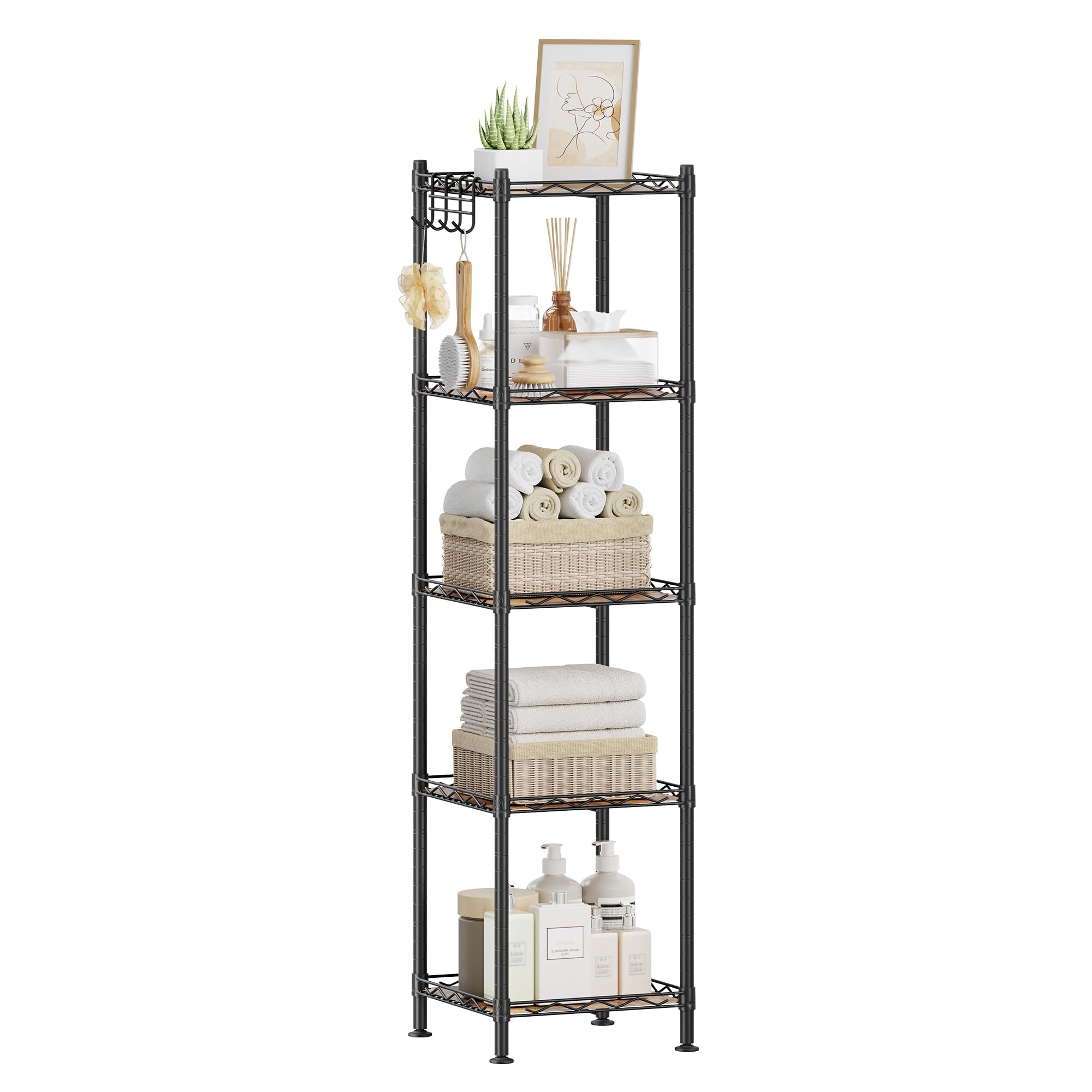 SONGMICS 5-Tier bathroom shelf front view for compact, organized spaces.