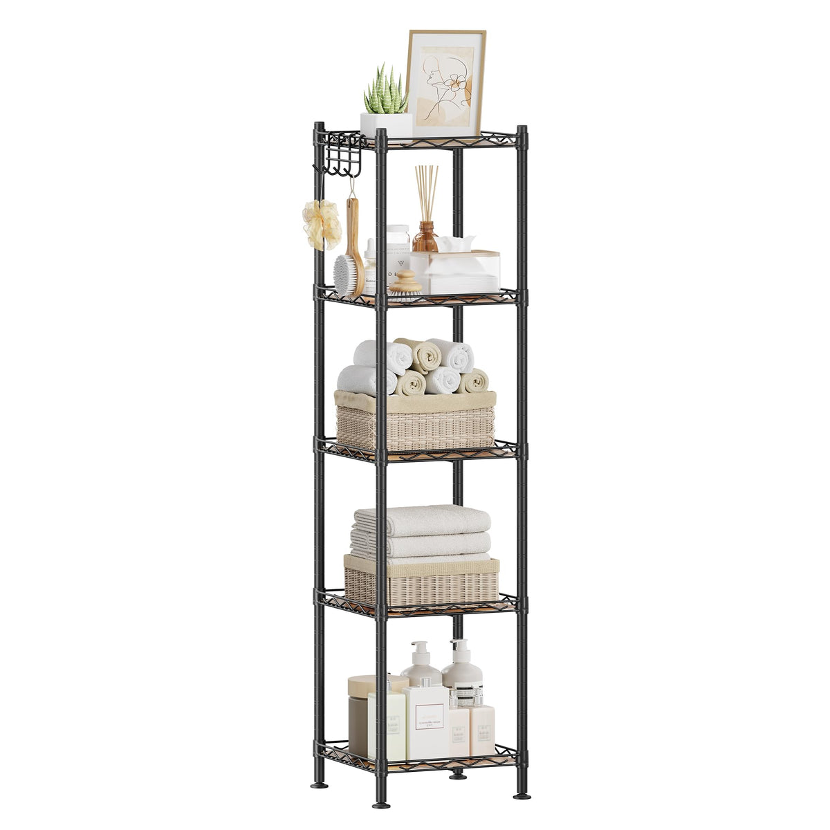 SONGMICS 5-Tier bathroom shelf front view for compact, organized spaces.