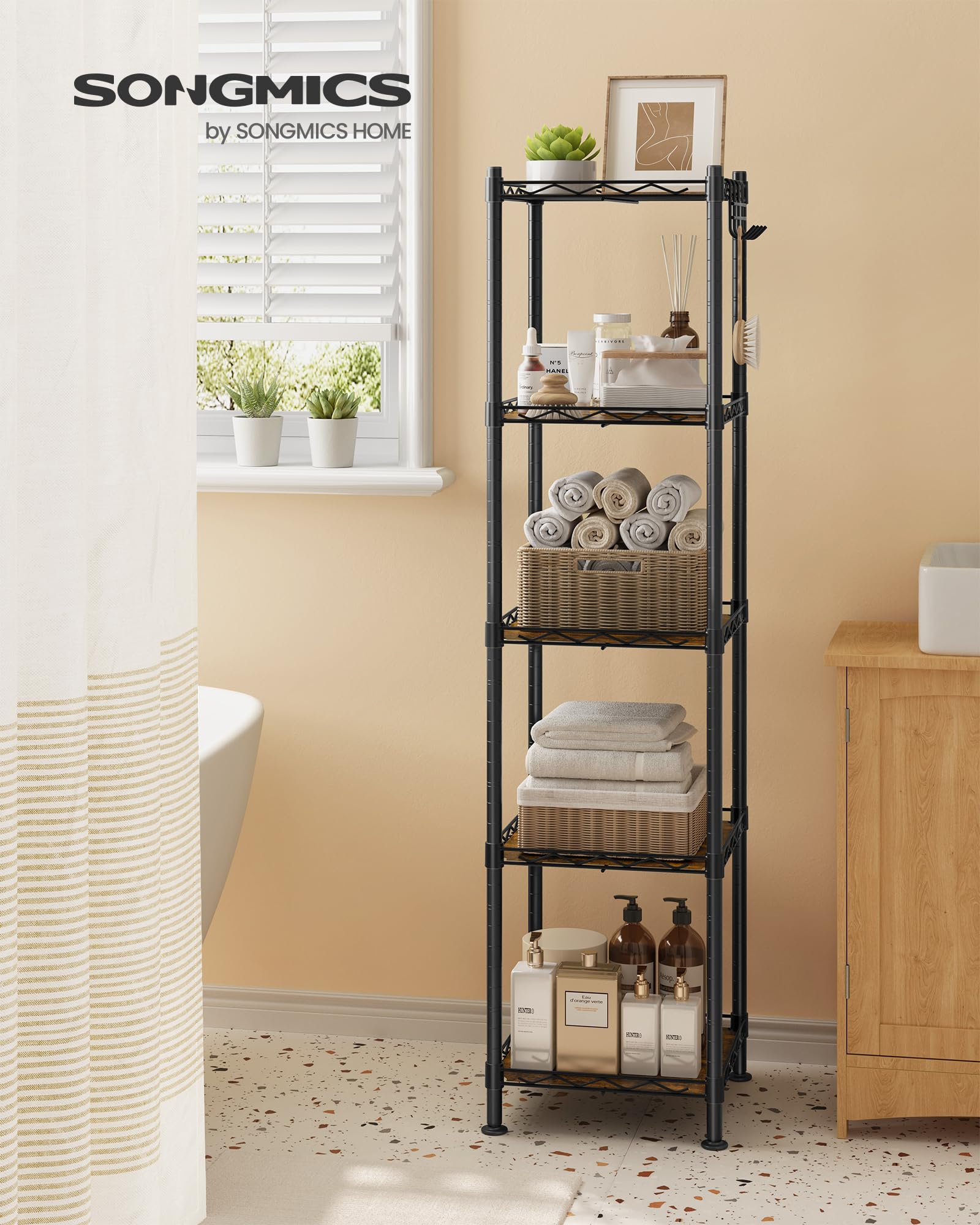 SONGMICS 5-Tier shelf side view demonstrates solid support for heavy items.