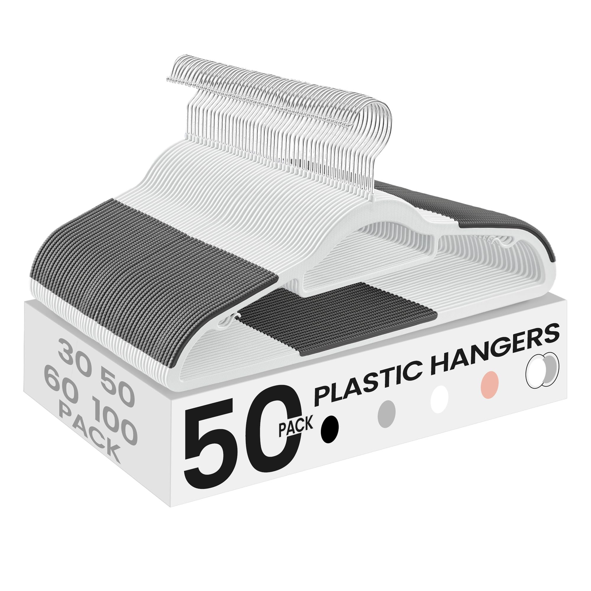 SongMics 50-pack heavy-duty plastic hangers in white and dark gray maximize closet organization.