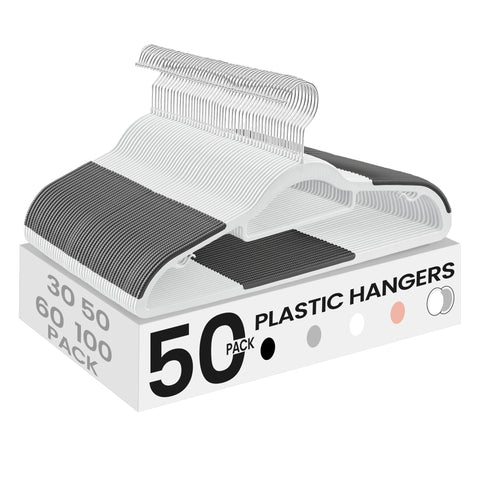 SongMics 50-pack heavy-duty plastic hangers in white and dark gray maximize closet organization.