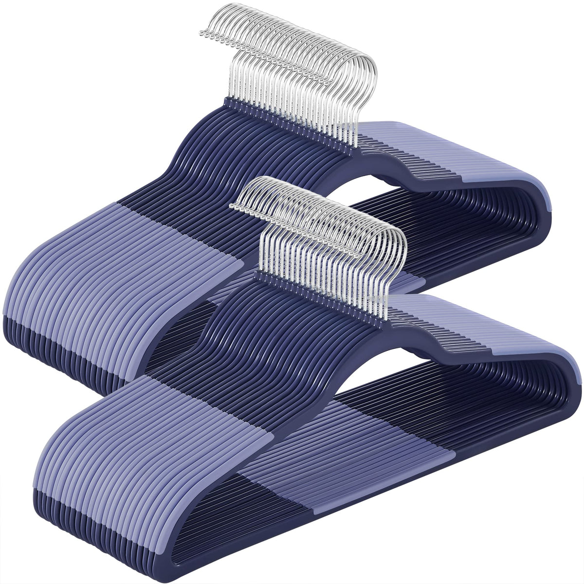 Songmics 50-pack plastic coat hangers showing space-saving design for compact closets.