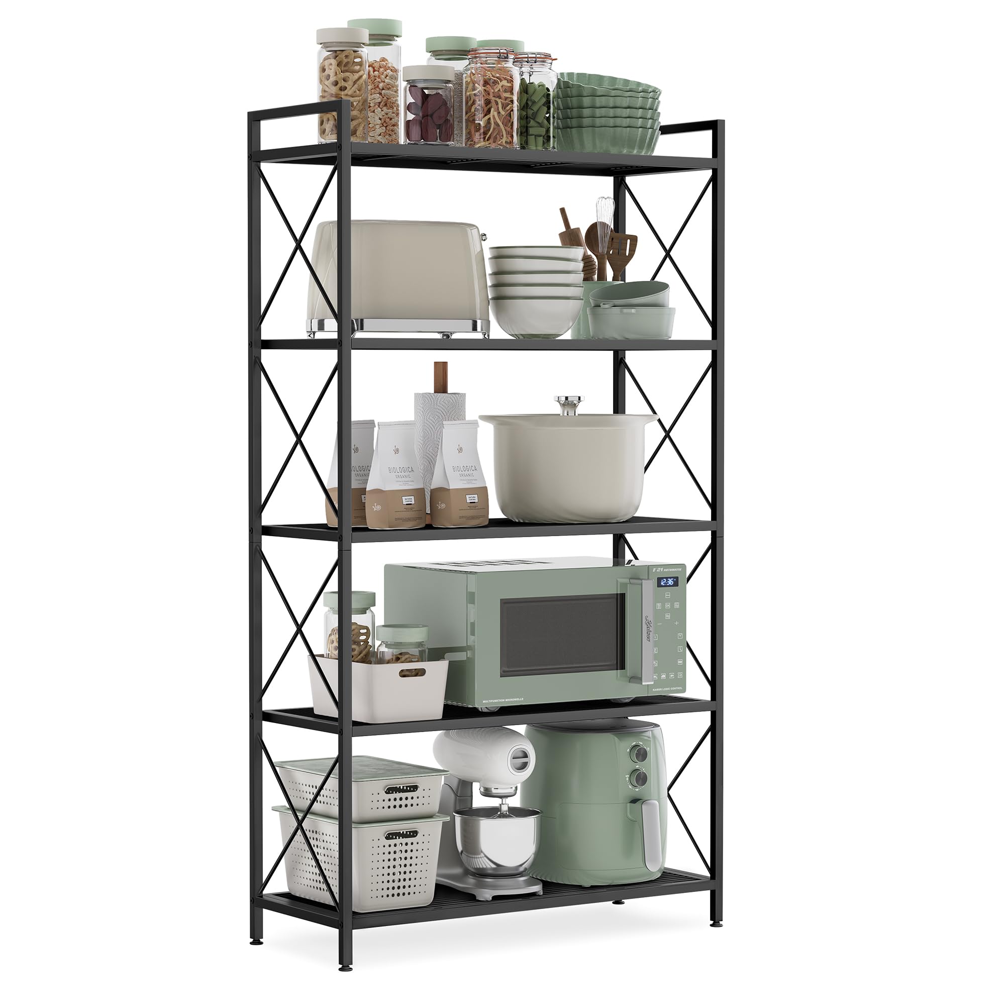 SONGMICS 5-tier rack with X side frames enhances organization and prevents items from falling.