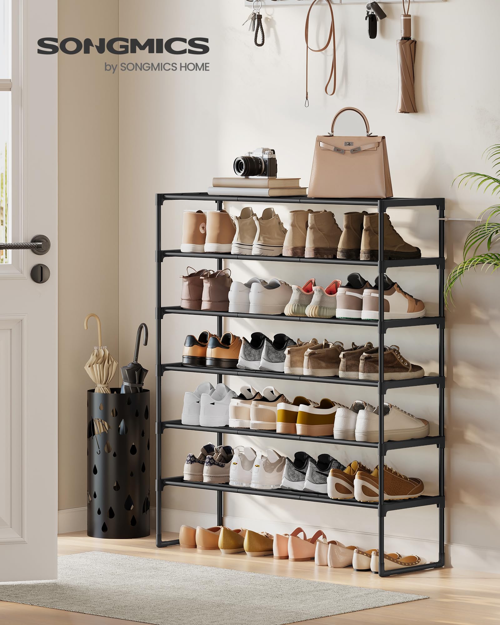 SONGMICS 6-tier shoe rack upside-down adds under-shelf storage for seasonal footwear.