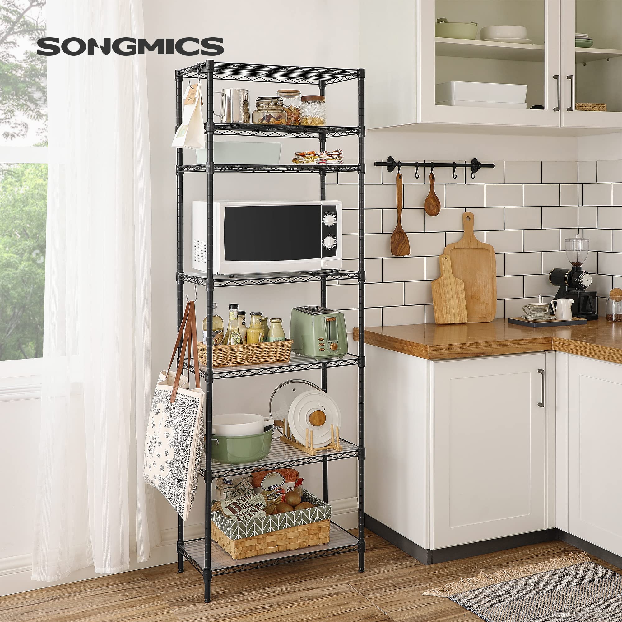SONGMICS shelving unit side profile showing tall, stable design
