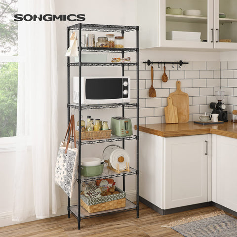SONGMICS shelving unit side profile showing tall, stable design