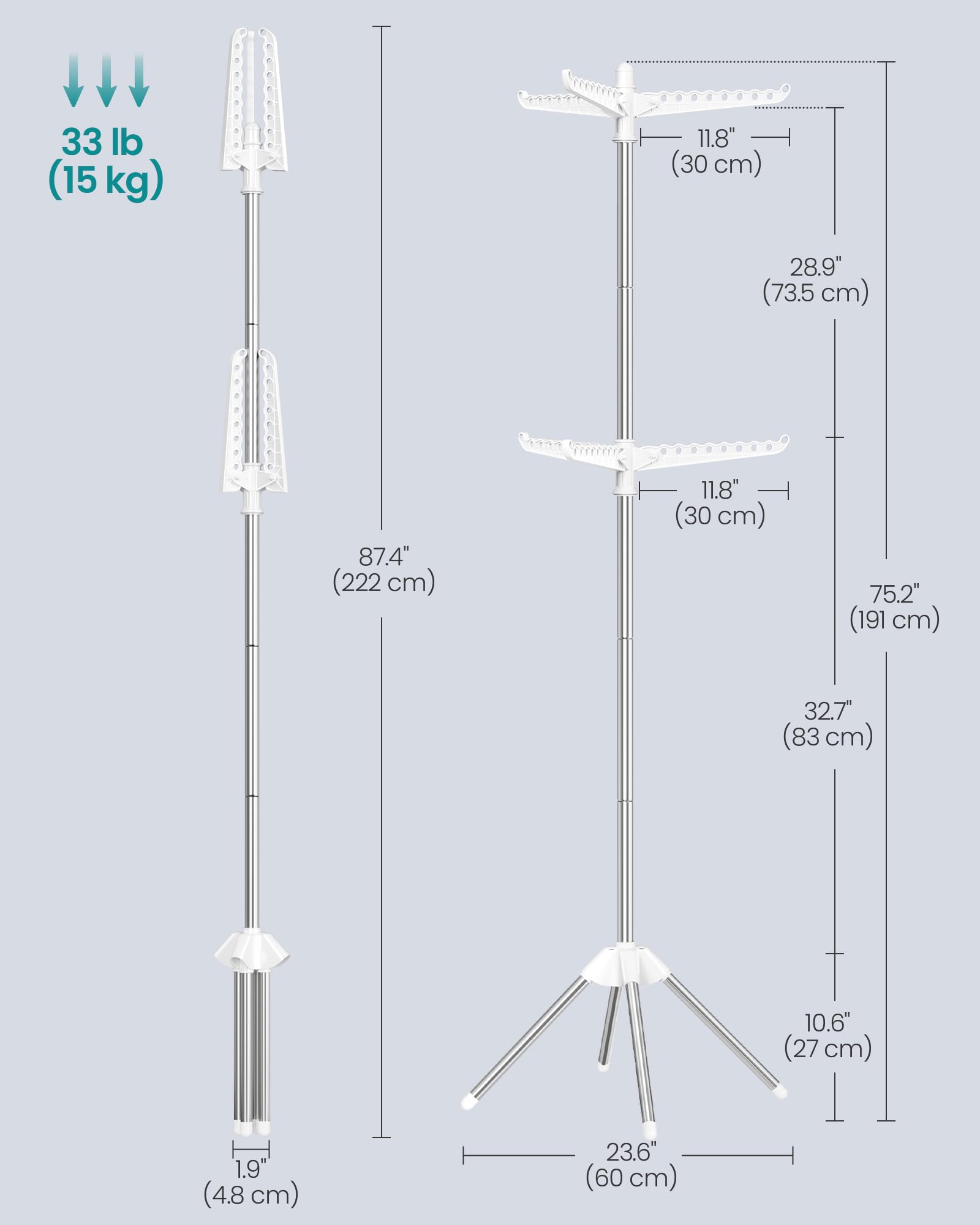 SONGMICS 75.2-inch height provides tall indoor drying space.
