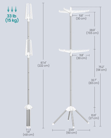 SONGMICS 75.2-inch height provides tall indoor drying space.