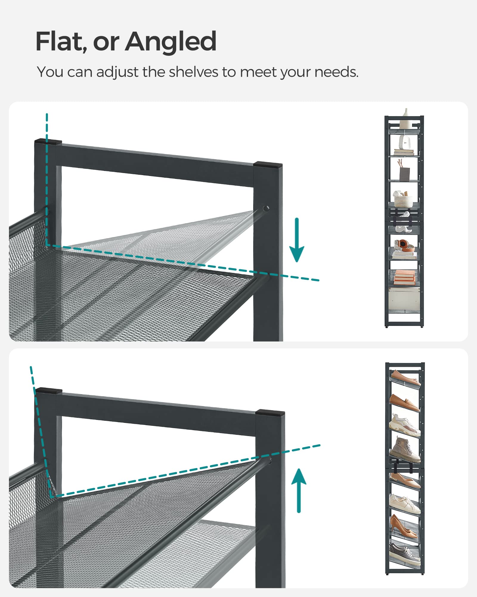 SONGMICS 8-1 inch shelf spacing fits high heels and sneakers.