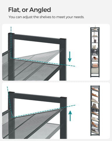 SONGMICS 8-1 inch shelf spacing fits high heels and sneakers.