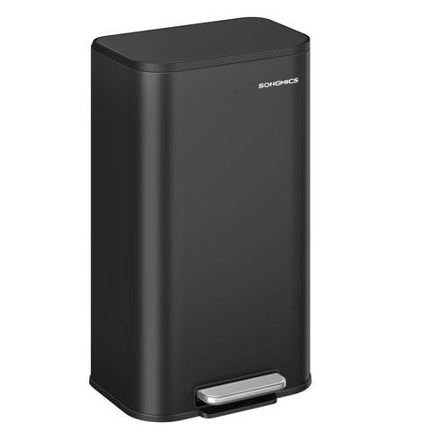 Songmics 8gal trash can with lid shows compact stainless steel design in ink black for small kitchens