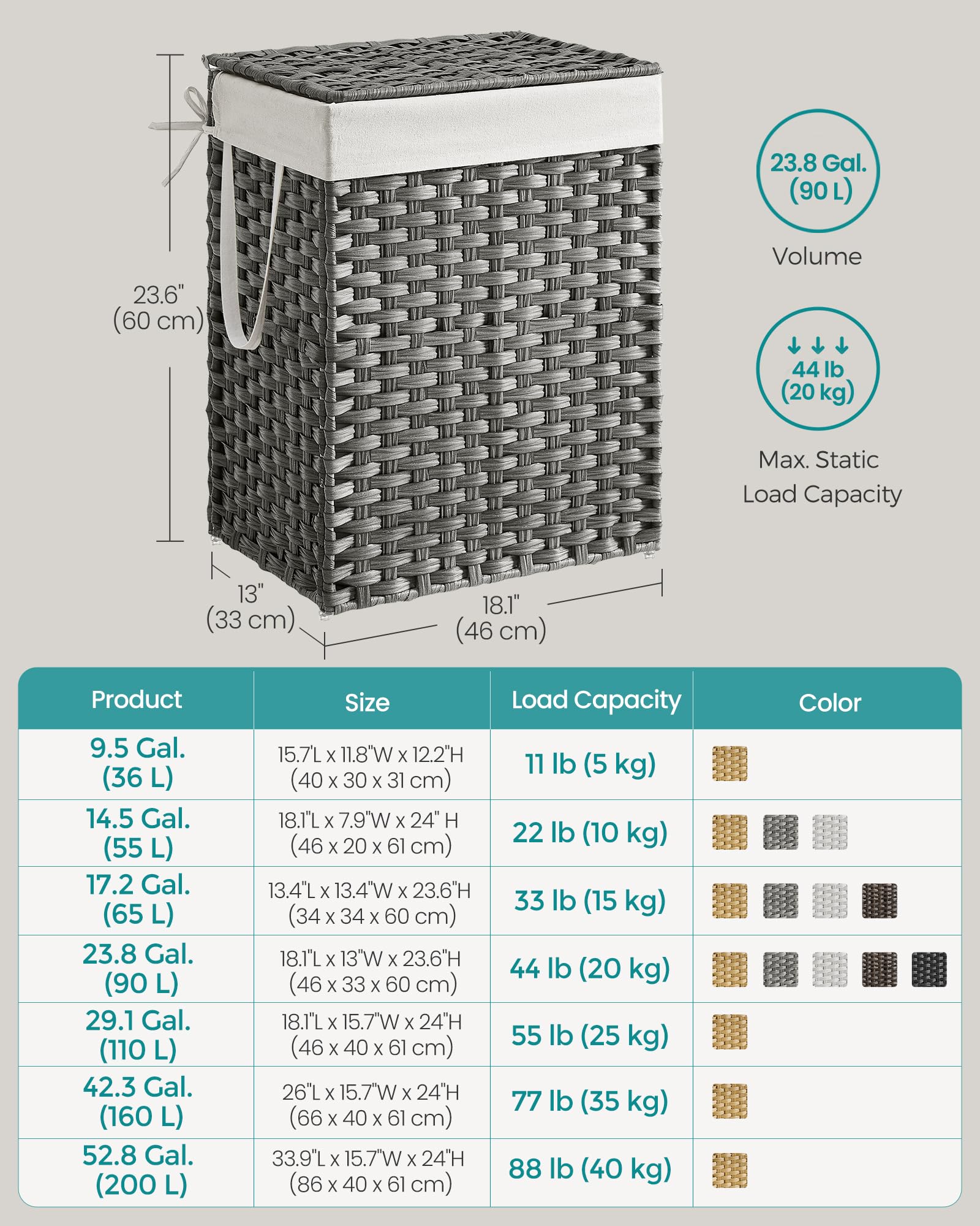 SONGMICS 90-liter capacity accommodates a full laundry load.
