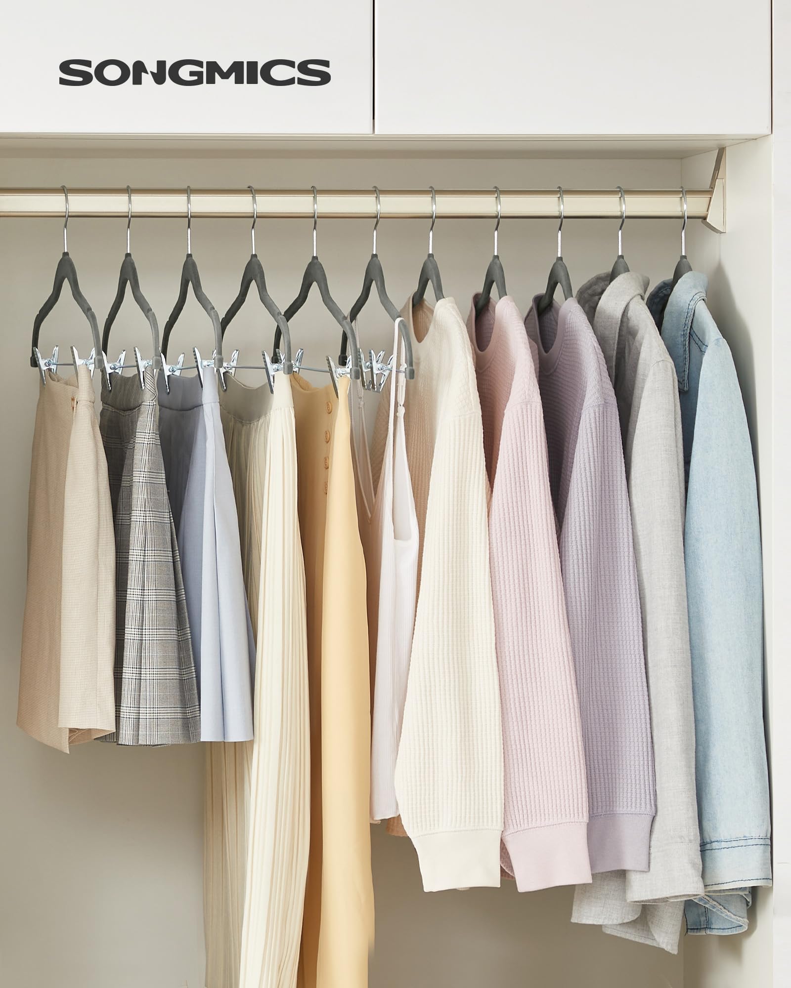 SONGMICS adjustable-clips velvet hanger secures skirts or pants without clip marks