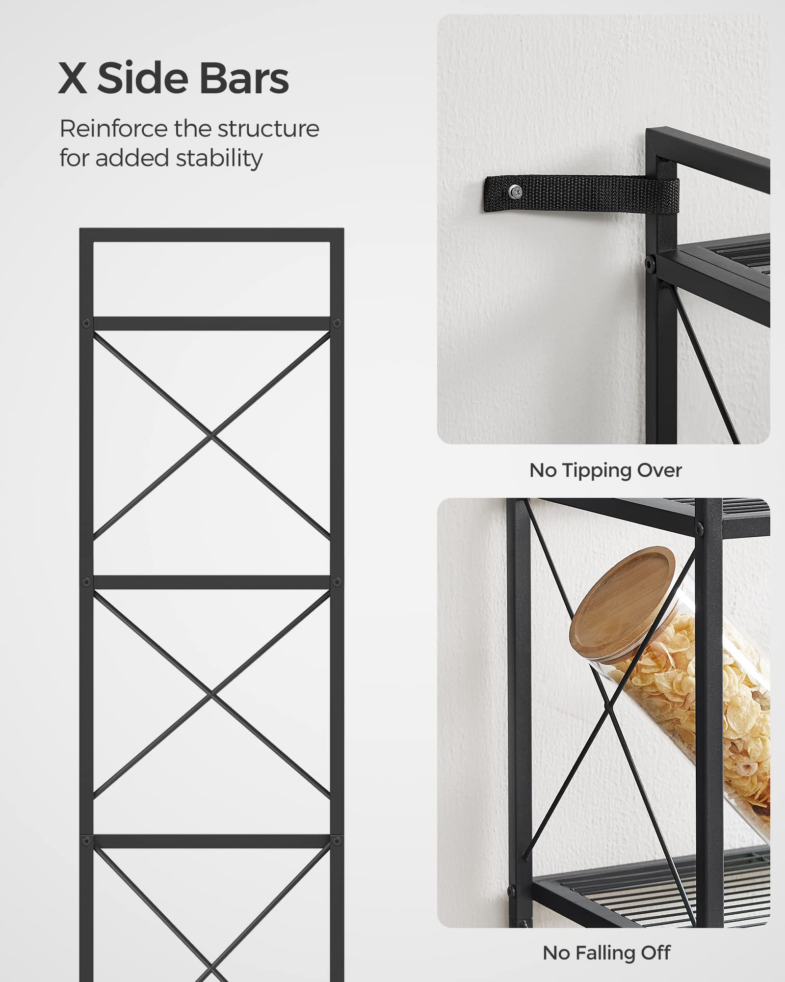 SONGMICS adjustable feet keep the rack level on uneven floors.