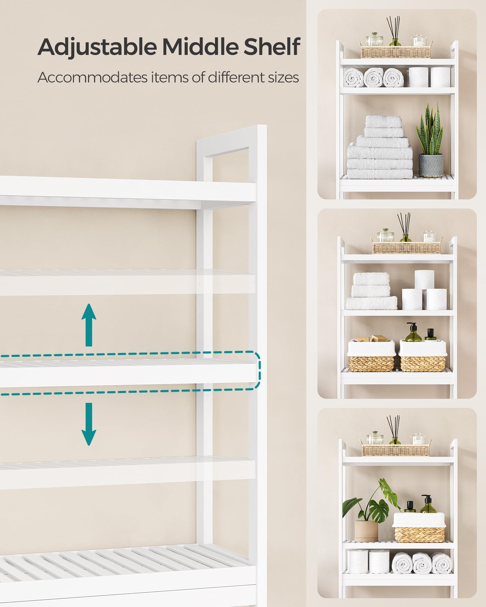 SONGMICS adjustable middle shelf adapts to shampoos or small plants.