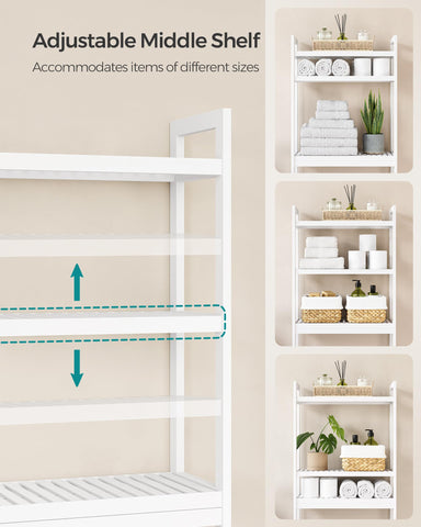 SONGMICS adjustable middle shelf adapts to shampoos or small plants.