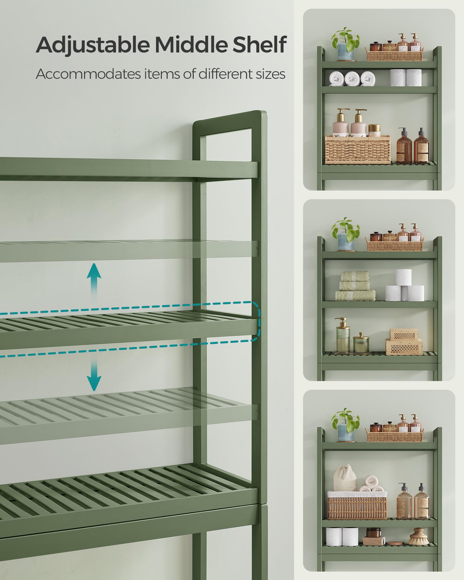 Adjustable middle shelf positions for versatile bathroom storage.