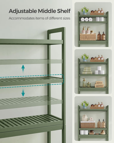 Adjustable middle shelf positions for versatile bathroom storage.