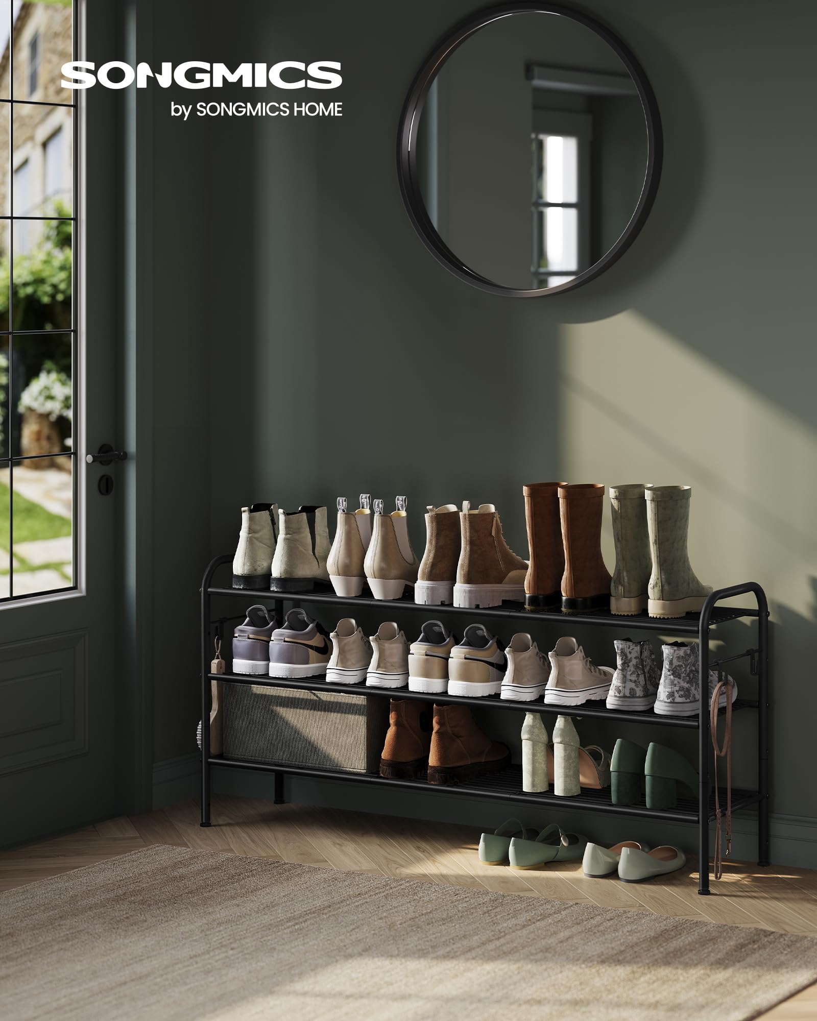 SongMics adjustable shelf positions demonstrating customizable height to fit different shoes