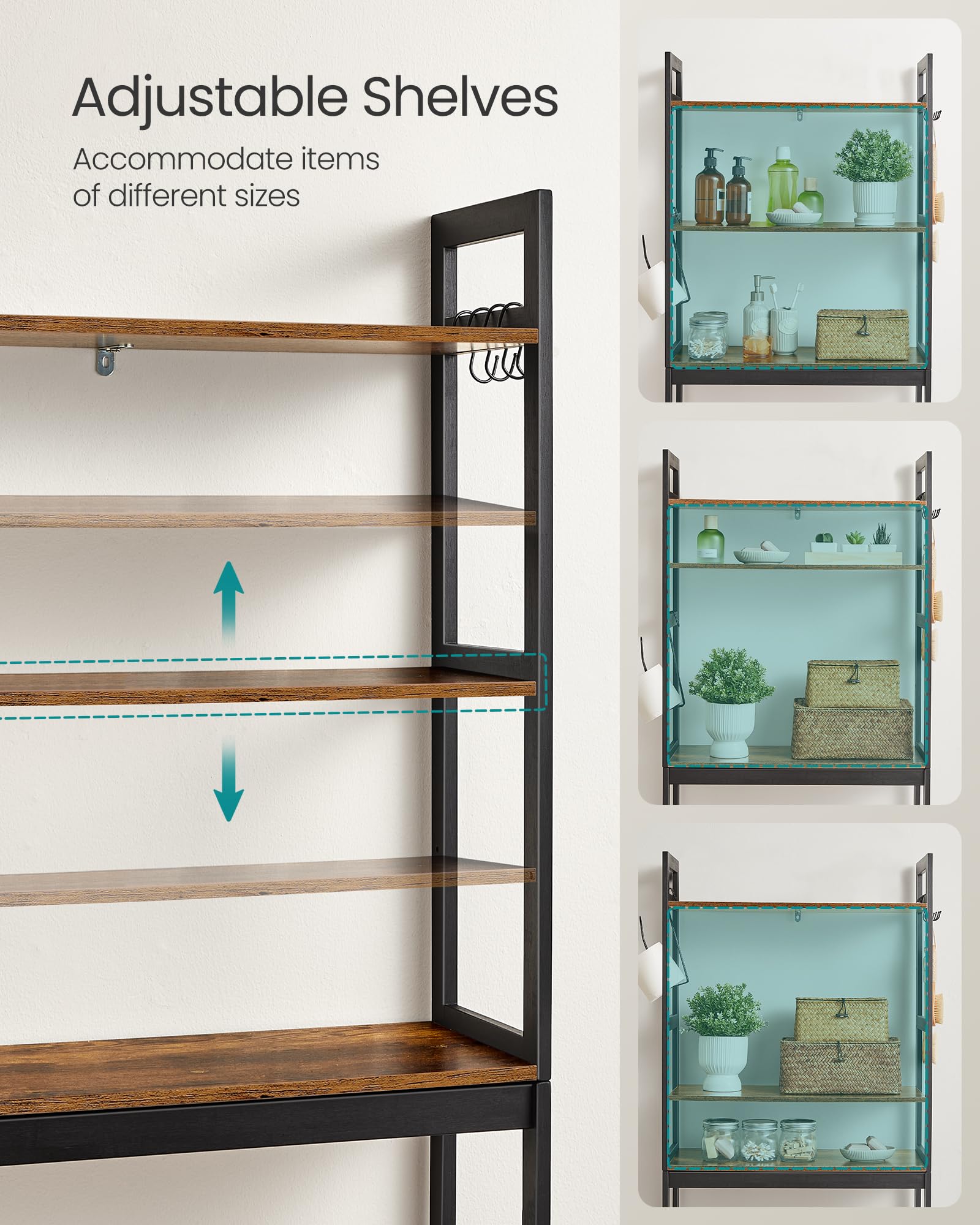 SONGMICS adjustable shelves fit tall bottles and towels with flexibility.
