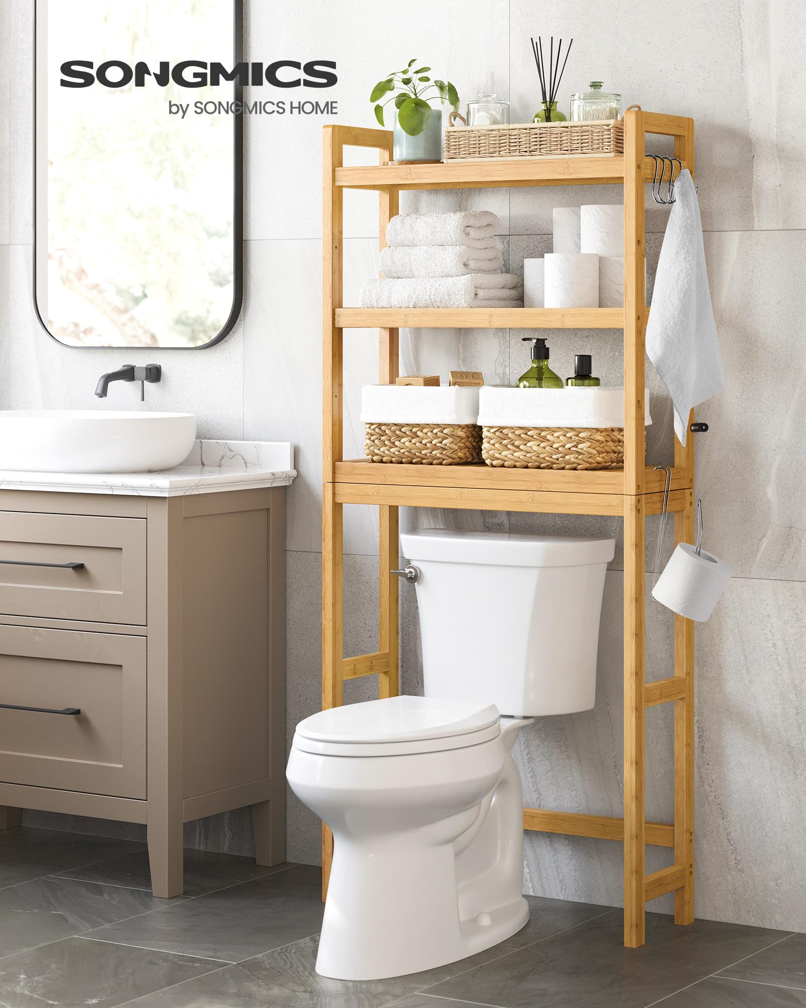 SONGMICS bamboo organizer with adjustable middle shelf for customizable space.
