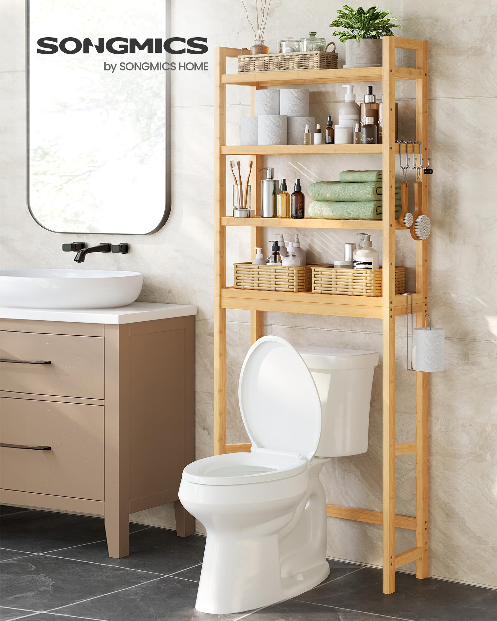 SONGMICS bamboo bathroom organizer adds natural warmth to any bathroom.