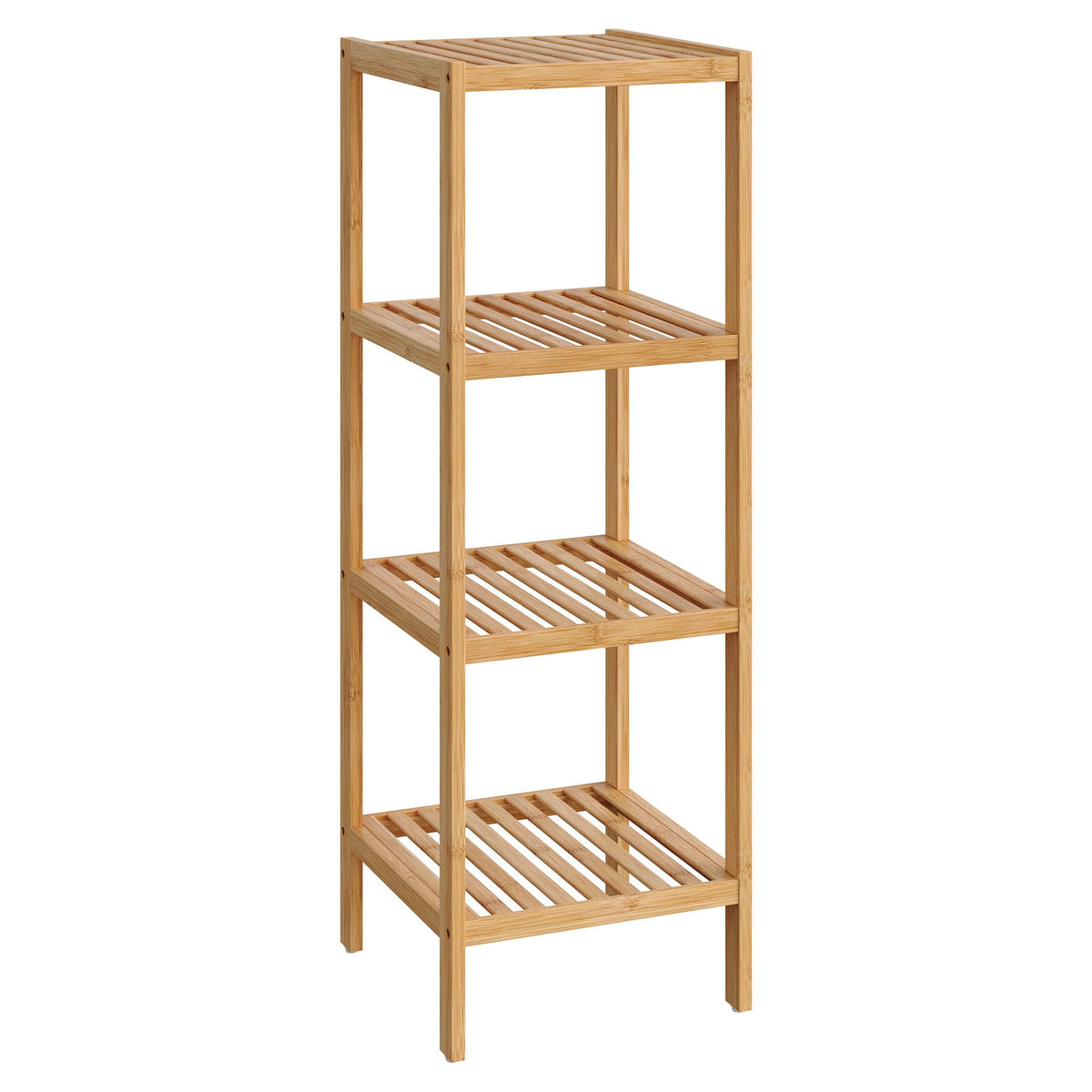 SONGMICS 4-tier bamboo shelf fits in a corner for compact storage