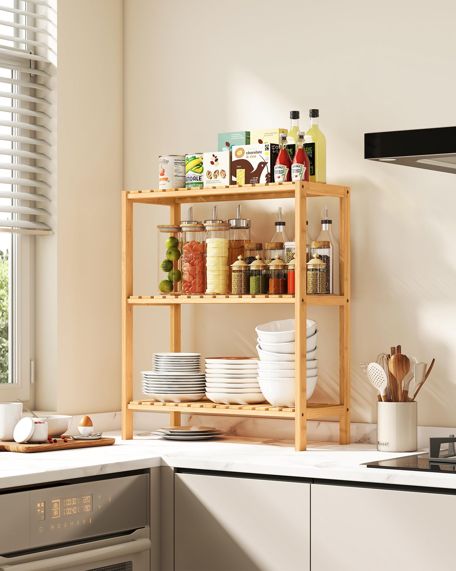 Songmics bamboo shelf balcony-plants showcases plants and decor with natural display.
