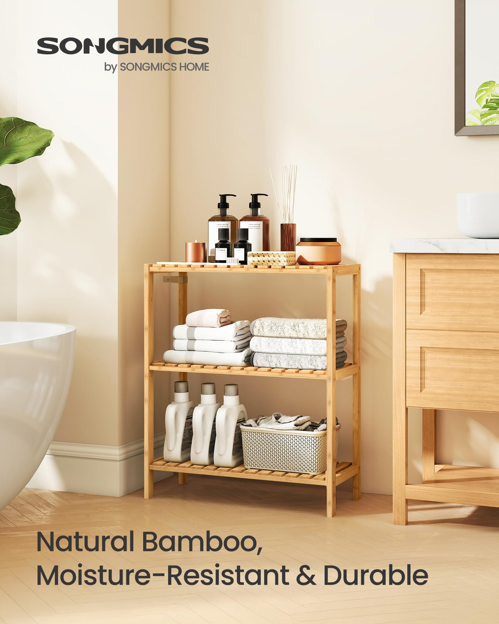 Songmics bamboo shelf entryway organization helps keep coats, bags, and mail neatly arranged.