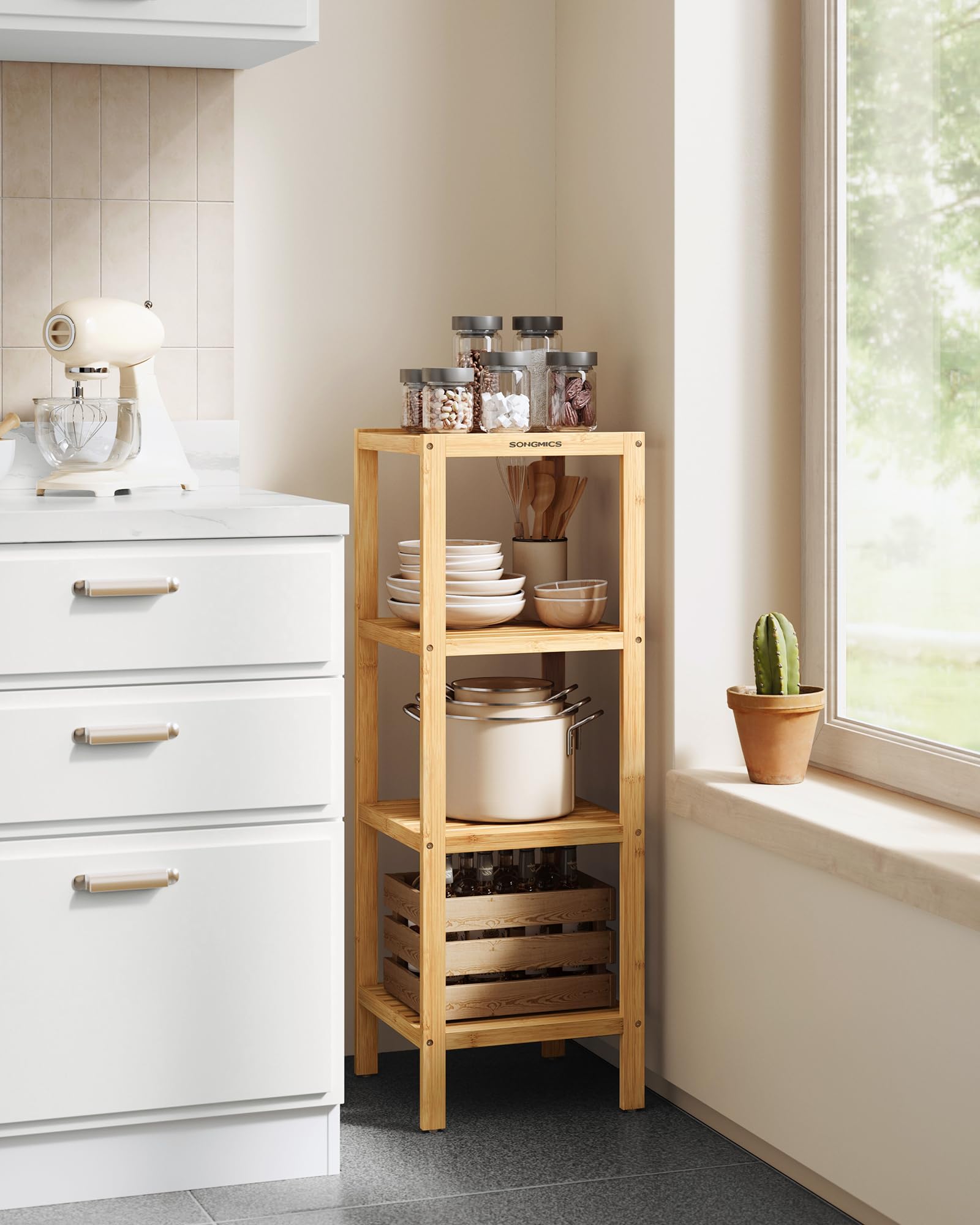SONGMICS kitchen-use bamboo shelf keeps spices and towels within reach