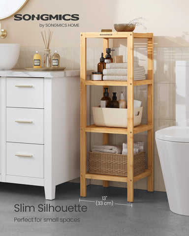 SONGMICS bamboo shelf demonstrates space-saving design for bathroom essentials