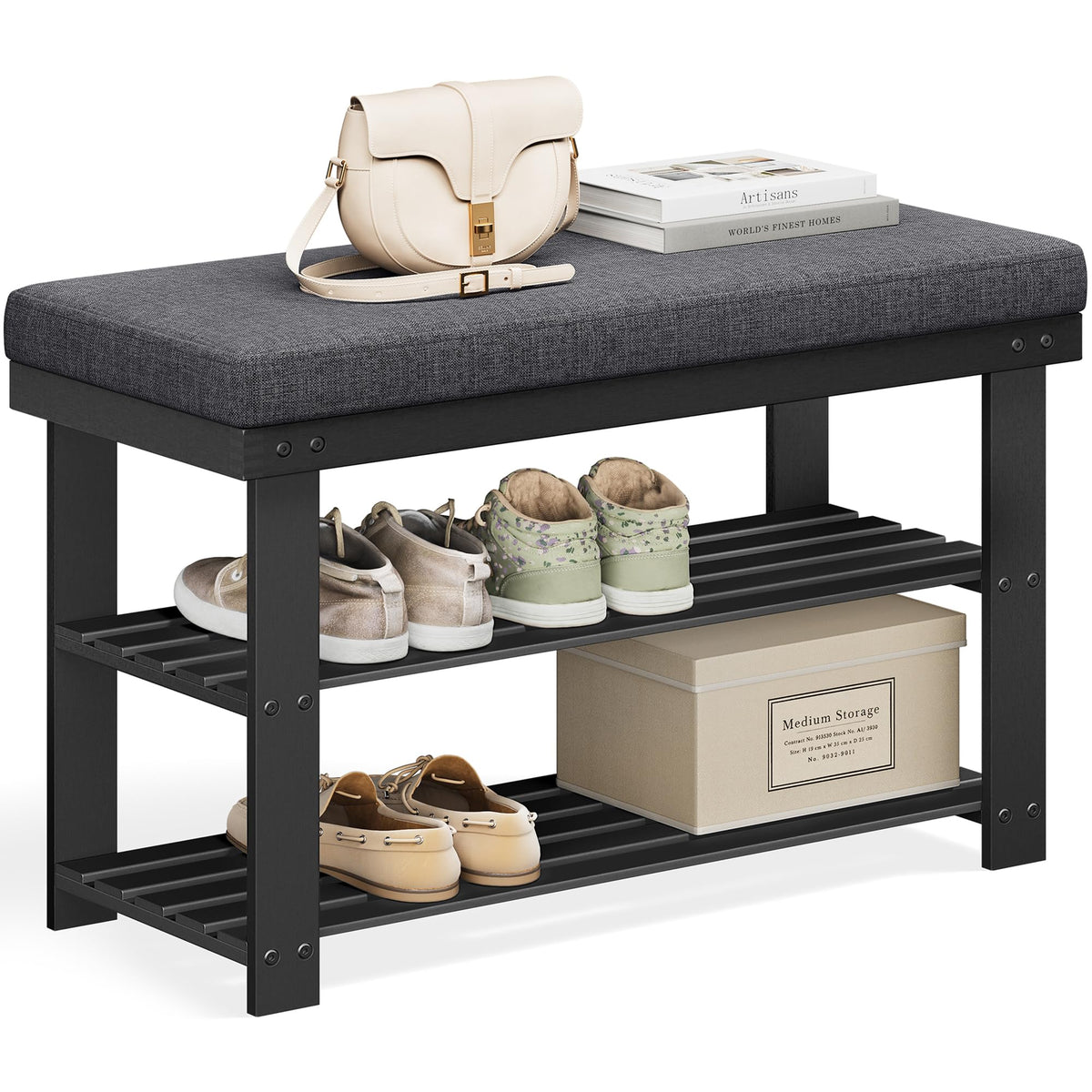 Songmics bamboo shoe bench seat offers comfortable seating during shoe changes.