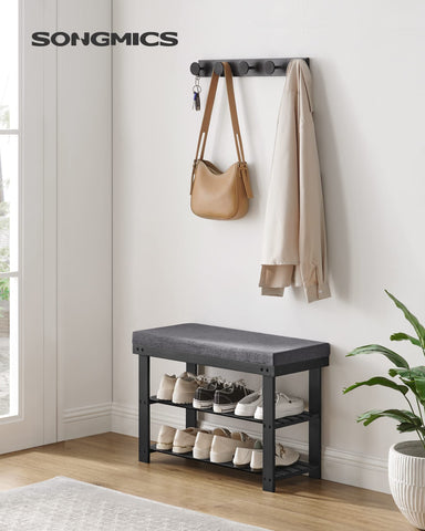 Songmics bamboo shoe bench shelves neatly organize up to six pairs.